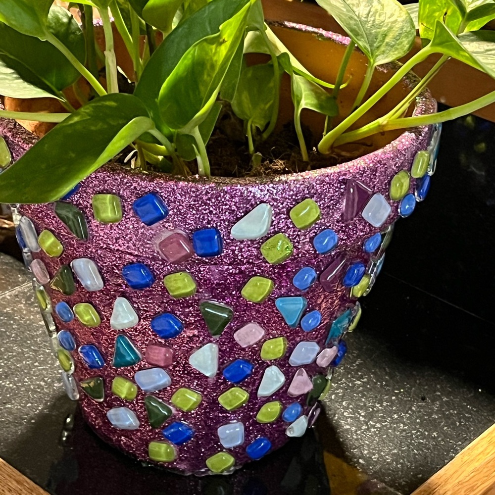 Mosaic Art Pot with Purple and Multicolor Design